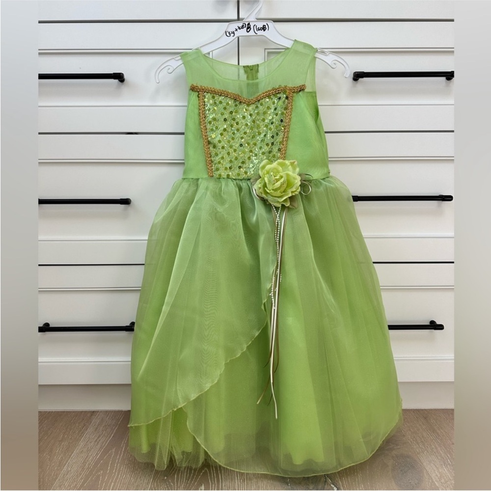 One of a kind Kids Dream Tiana-inspired dress with matching accessories